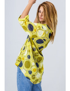 Gang Дамска блуза от памук и лен в жълто с десен кръгове