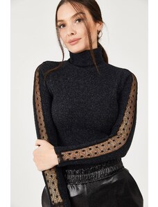 armonika жените черно врата ръкави дантела подробни трикотаж пуловер
