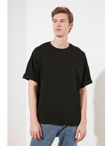 Trendyol Black Oversize/Wide Cut Text Printed Short Sleeve 100% Cotton T-Shirt