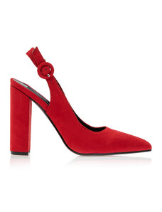 Tsoukalas Обувки на ток в червен цвят, от велур, с катарама и остър връх.