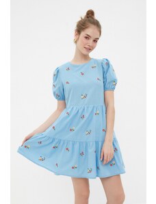 Trendyol синьо прав нарязани мини тъкани облицовани флорални бродерия тъкани рокля