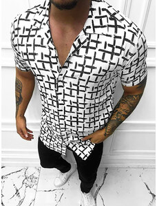 Мъжка риза с къс ръкав бяло-черна OZONEE E/1400/35