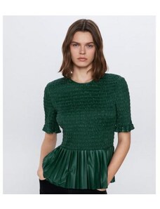 Zara риза къс ръкав в тъмно зелен цвят с набрана материя
