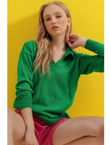 Trend Alaçatı Stili Тенденция Alaçatı Stili Дамски зелен поло яка основни сезонни трикотаж пуловер