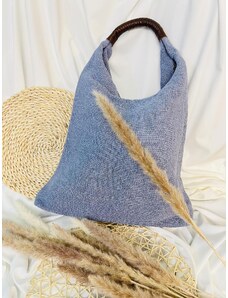 NAZAZU Natural практична голяма дамска чанта от лен, памук и естествена кожа - небесно синьо