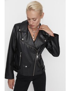 Trendyol черен извънгабаритни джоб подробни изкуствена кожа Biker яке палто