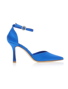 Tsoukalas Обувки на ток в син цвят, от сатен, с каишка, с остър връх