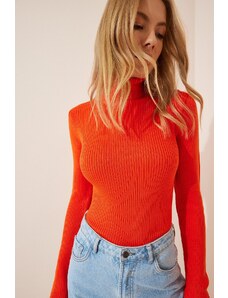 Happiness İstanbul Щастие İstanbul Дамски оранжево поло кадифе ликра трикотаж пуловер