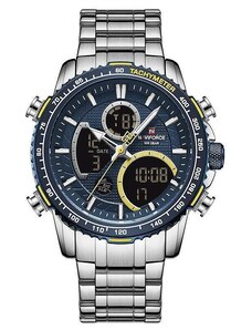 Мъжки часовник NaviForce Chrome, Хронограф, Двойно Време, Неръждаема стомана , Сребрист / Син