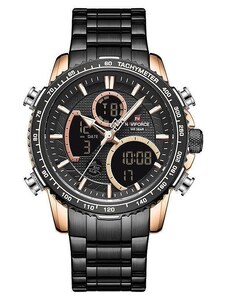 Мъжки часовник NaviForce Chrome, Хронограф, Двойно Време, Неръждаема стомана , Черен / Розово злато