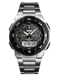 Мъжки часовник SKMEI Duo Time, Хронограф, Двойно време, LED подсветка, Неръждаема стомана, Сребрист / Черен