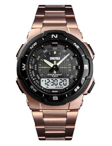 Мъжки часовник SKMEI Duo Time, Хронограф, Двойно време, LED подсветка, Неръждаема стомана, Розово злато