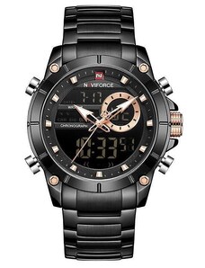 Мъжки часовник NaviForce Iridal, Неръждаема стомана, Хронограф, Черен