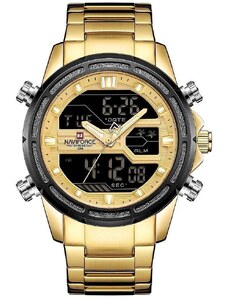 Navi Force Мъжки часовник NaviForce Emeron, Хронограф, Двойно време, Неръждаема стомана, Златист/Черен