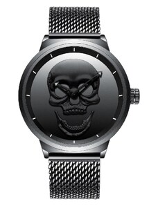 Мъжки часовник Biden Skull, Неръждаема стомана, Черен / Плетка