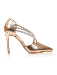 Tsoukalas Обувки на ток в бронзов цвят, от изкуствена кожа, с диагонални каишки с кристали, с остър връх