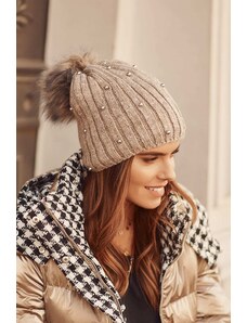 FASARDI Warm beanie with beads and cappuccino pompom