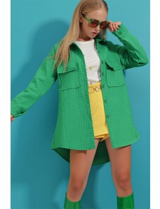 Trend Alaçatı Stili Тенденция Alaçatı Stili Дамски зелен двоен джоб ватирани шарени редовни яке
