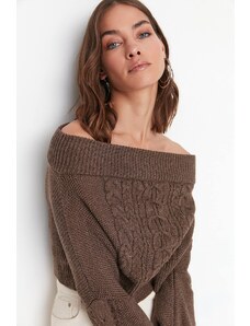 Trendyol кафяв плета подробни трикотаж пуловер