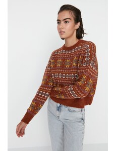 Trendyol кафяв широк годни мека текстурирани шарени трикотаж пуловер