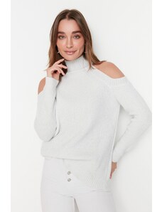 Trendyol екрю блестящ прозорец/изрязани подробни трикотаж пуловер