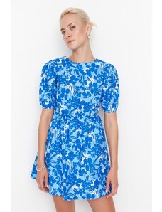 Trendyol синьо тъкани флорални обратно детайл мини тъкани рокля