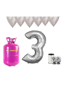 HeliumKing Хелиев парти комплект за 3-ви рожден ден със сребристи балони
