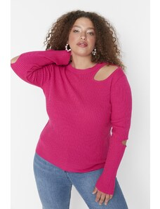 Trendyol крива фуксия изрязани подробни Crewneck тънки трикотаж пуловер
