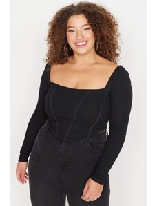 Trendyol Curve Black Ribbed Piping Detailed Knitted Blouse