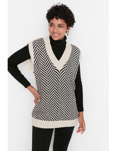 Trendyol Модерен бежов раиран v-образно деколте трикотаж пуловер
