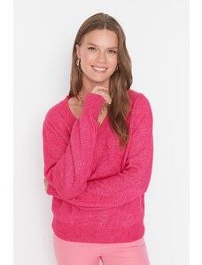 Пуловер от трикотаж Trendyol Fuchsia V-образно деколте