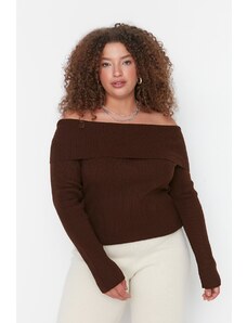Trendyol крива кафяв Кармен яка трикотаж пуловер