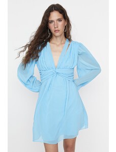 Trendyol лимитирана серия синя яка подробни мини шифон тъкани рокля