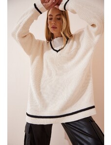 Happiness İstanbul Щастие İstanbul жените екрю v-образно деколте извънгабаритни дълги трикотаж пуловер
