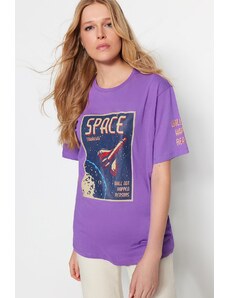 Trendyol Purple 100% Cotton Space Printed Boyfriend Fits Crew Neck Knitted T-Shirt