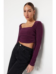 Trendyol Purple Square Neck Gathered Detail Fitted/Sleeping Crop Elastic Knitted Blouse