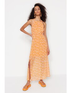 Trendyol оранжев A-Line Макси тъкани облицовани цепка цветен модел тъкани рокля