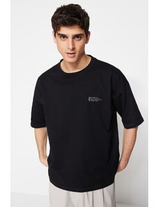 Trendyol черен мъжки извънгабаритни 100% памук екипажа врата минималистичен тениска с текст печат.