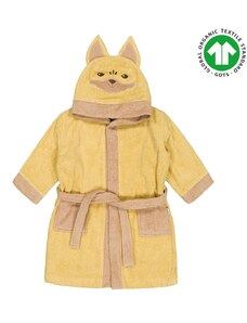 Детски халат от органичен памук, жълт, с апликация на лисиче, Bio Baby