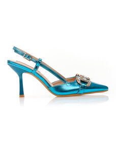 Tsoukalas Обувки на ток mules в син цвят металик, от изкуствена кожа, с декоративна катарама с кристали и специален тип ток