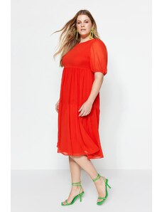 Trendyol крива червено тъкани шифон рокля с балон ръкави