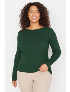 Trendyol крива изумрудено зелено обратно v-образно деколте верига подробни тънки трикотаж пуловер