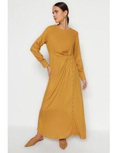 Trendyol камила талията 100% вискоза тъкани рокля с Shirred плат покрити бутон подробни