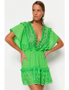 Trendyol зелен мини тъкани бродерия 100% памук плажна рокля