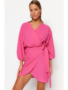 Trendyol розов мини тъкани двойно гърди 100% памук плажна рокля
