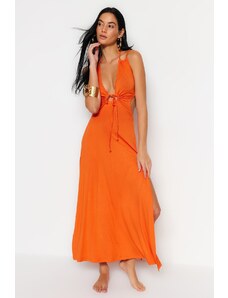 Trendyol оранжево Макси плетени без гръб плажна рокля