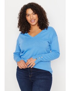 Trendyol крива светло синьо v-образно деколте бутон подробни трикотаж пуловер