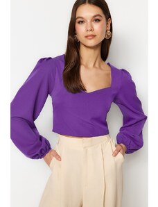 Trendyol Purple Crop Weave Sweetheart Neck Long Sleeve Blouse