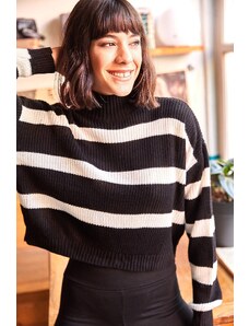 Olalook жените черни райета половината поло култура трикотаж пуловер