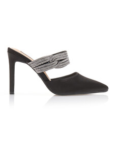 Tsoukalas Обувки на ток mules в черен цвят, от сатен, със специален дизайн с кристали, с остър връх